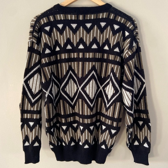 Vintage Art Deco Argyle Grandpa Chic Moody Dark Neutral Crewneck Knit Sweatet - Picture 3 of 4